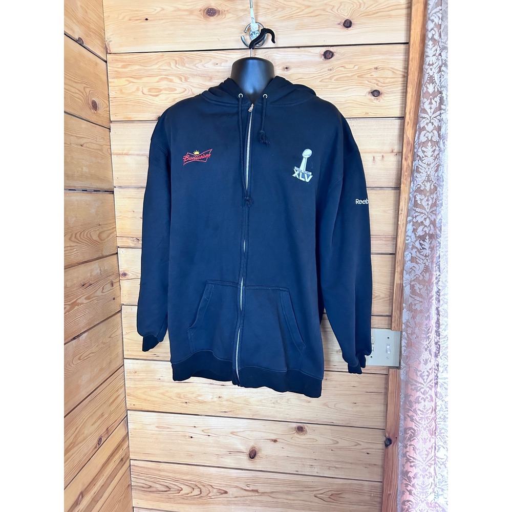 Vintage Super Bowl XLV Budweiser Zip Hoodie Mens Large Black NFL Reebok Football